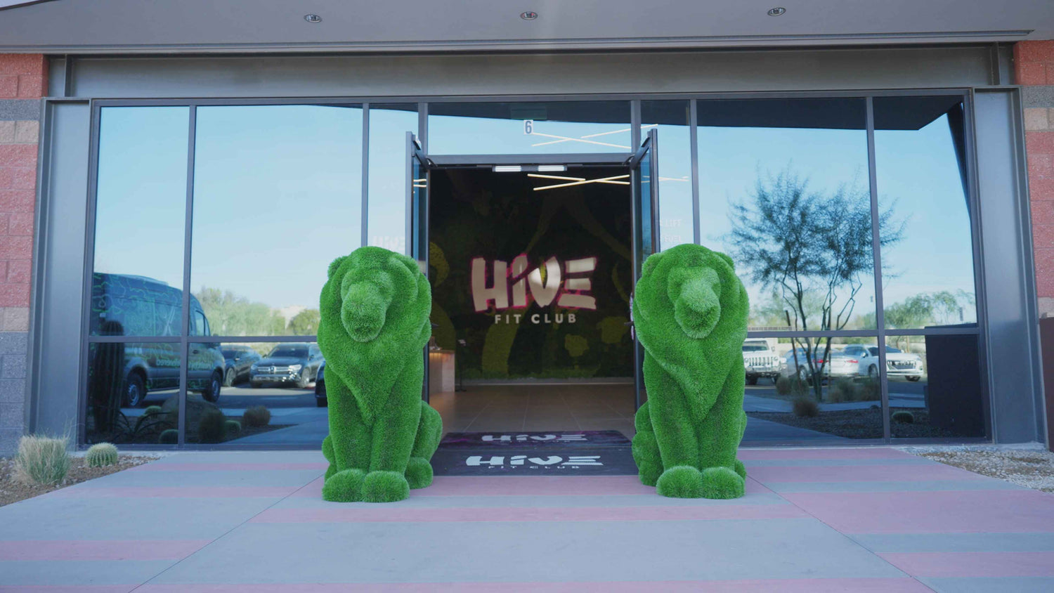Two green foliage lion sculptures flank the glass doors of Hive Fit Club, with the club's logo visible through the entrance.